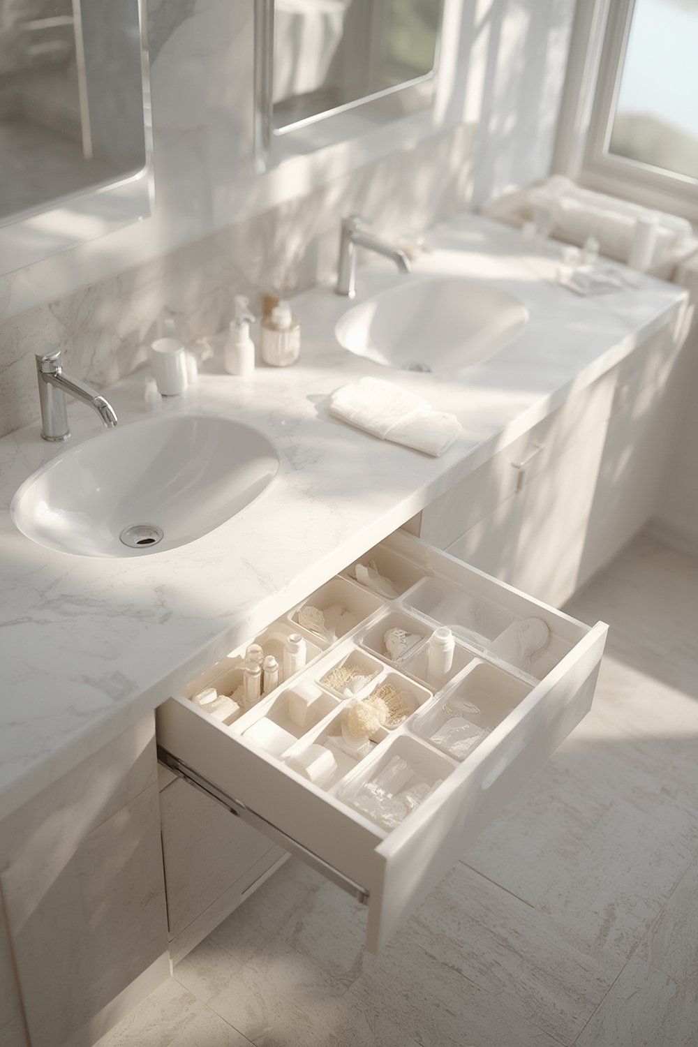 bath organizer optimizing under sink space with sliding drawers