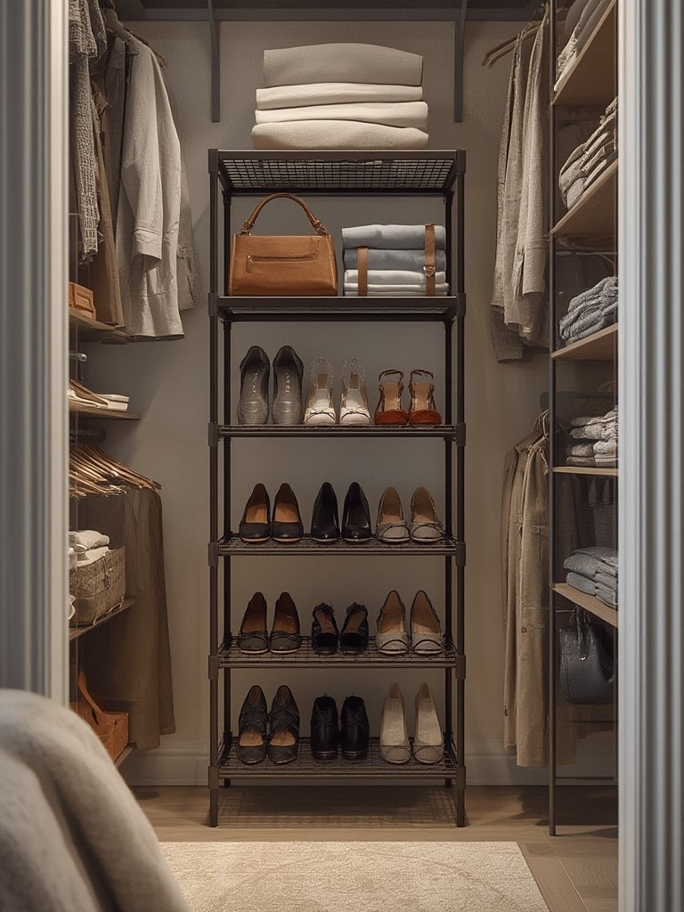 shoe rack used as a closet organizer in a small apartment closet