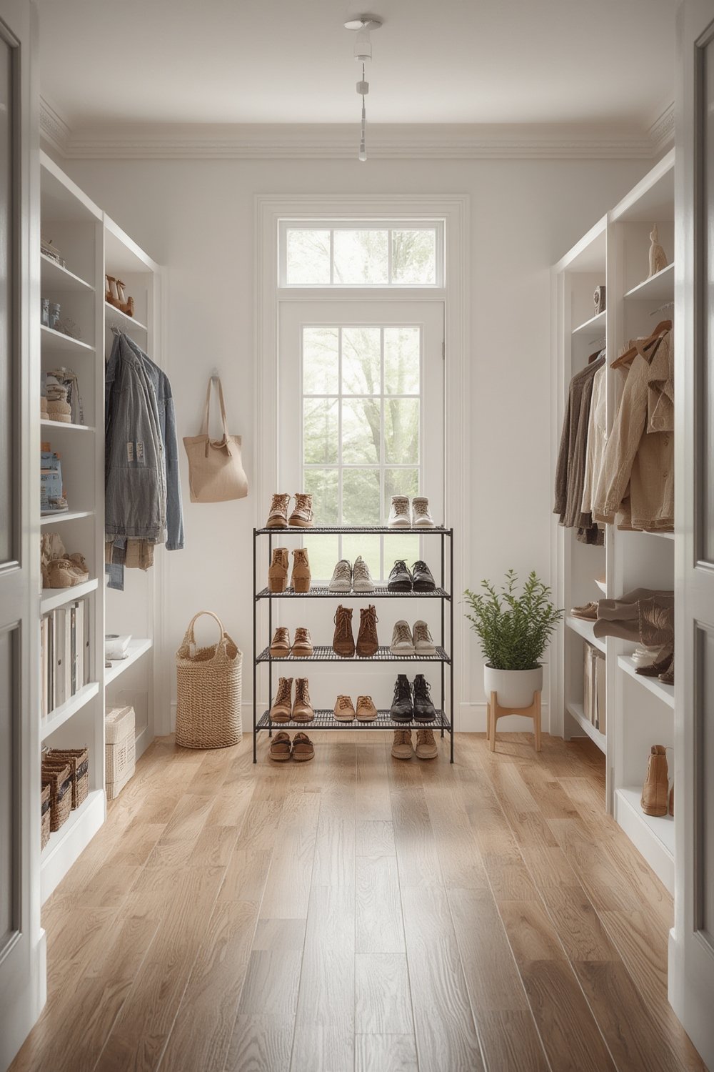 shoe rack neatly storing shoes in a small entryway space