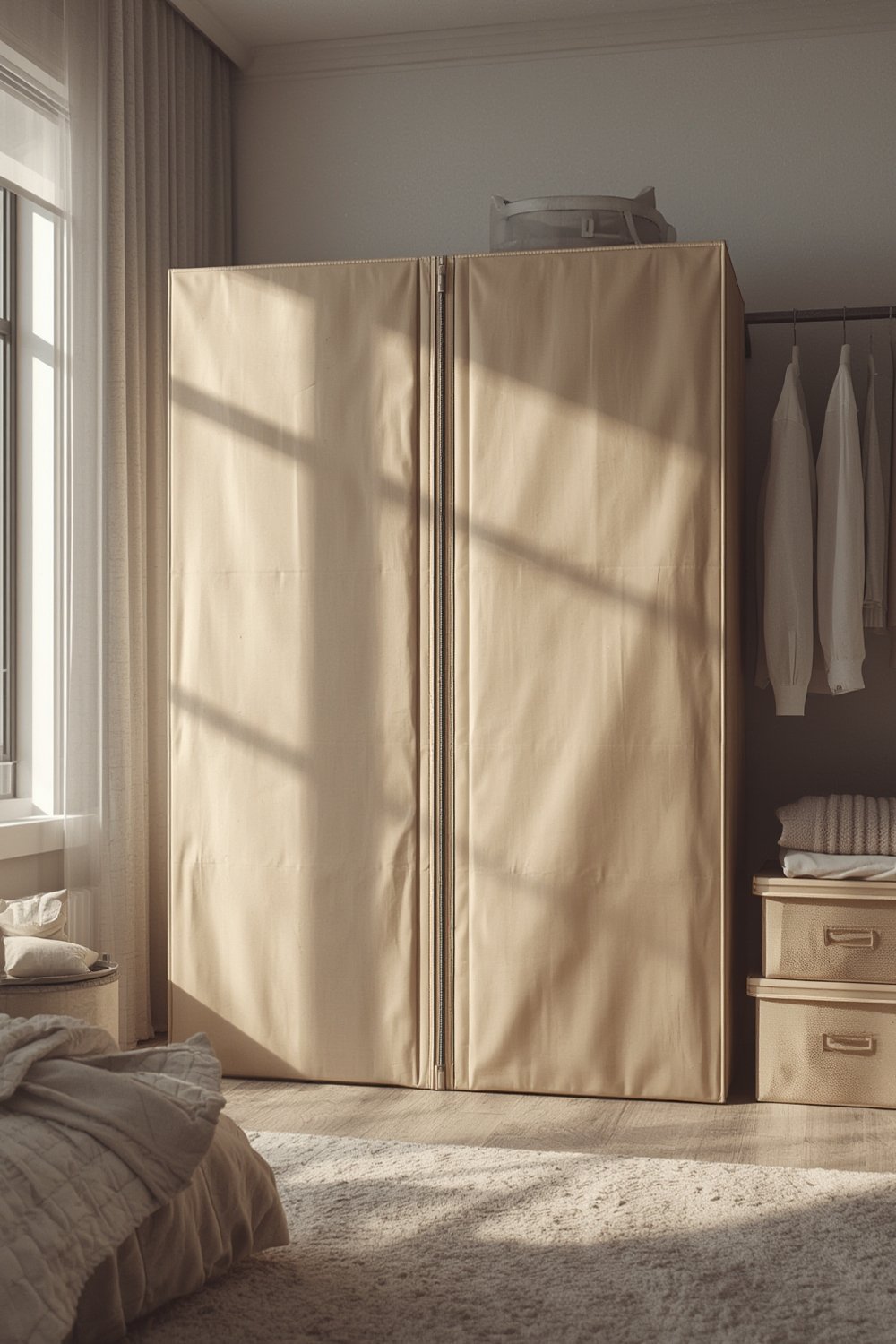 closet cover protecting clothes from dust in a small wardrobe