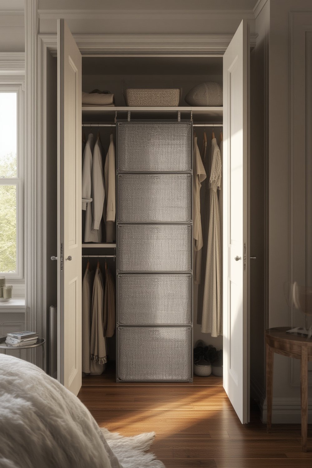 small closet organizer neatly storing folded clothes and accessories