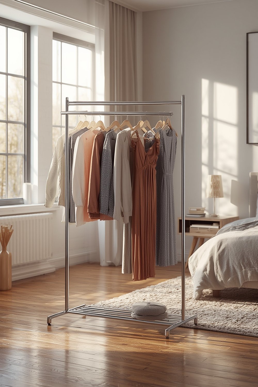 garment rack in a modern apartment hallway