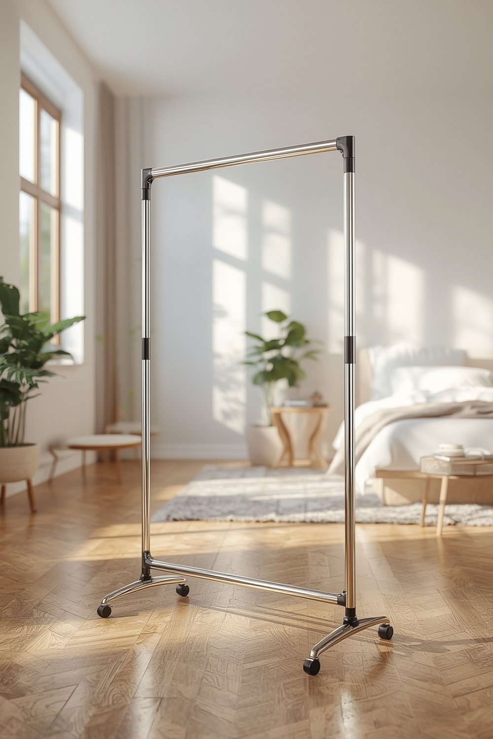 garment rack neatly storing clothes in a small bedroom