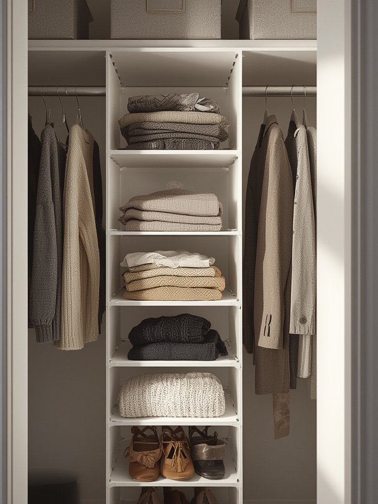 small closet organizer hanging shelves filled with shoes and clothes