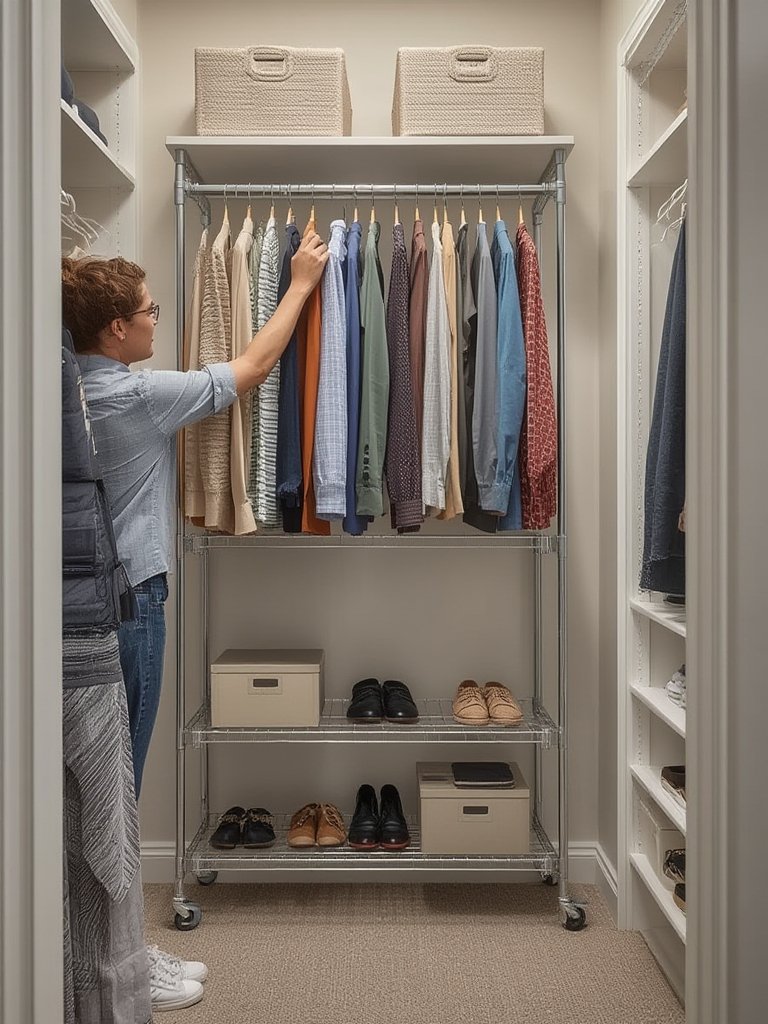 garment rack in use as a rolling clothing organizer in a bedroom