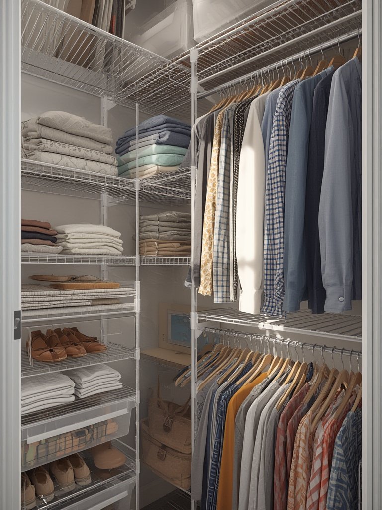 Rubbermaid closet kit with adjustable shelves and hanging rods installed